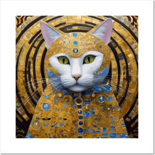 Gustav Klimt Style White Cat in Blue and Gold Costume Posters and Art